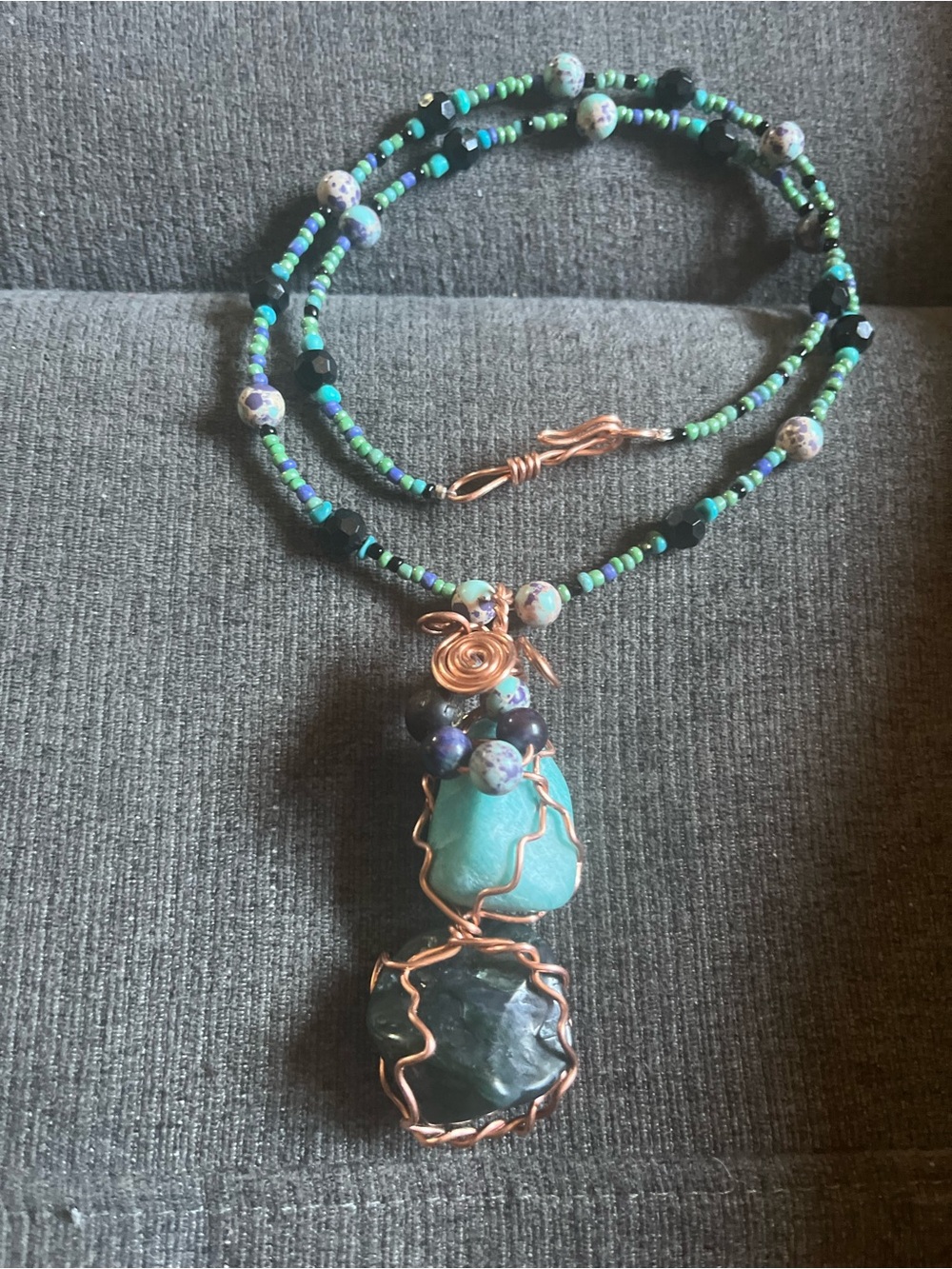Handcrafted Copper Wire Wrapped Green Beaded Pendant Necklace